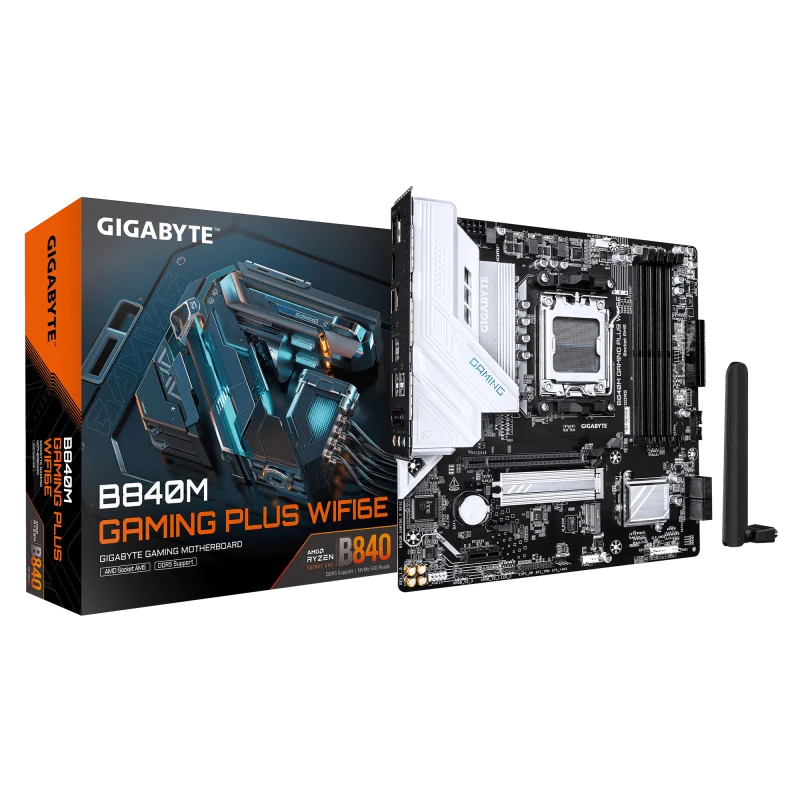 GIGABYTE B840M GAMING PLUS WIFI6E. Processor manufacturer: AMD, Processor socket: Socket AM5, Compatible processor series: AMD Ryzen  7000 Series, AMD Ryzen 8000 Series, AMD Ryzen 9000 Series. Supported memory types: DDR5-SDRAM, Maximum internal memory: