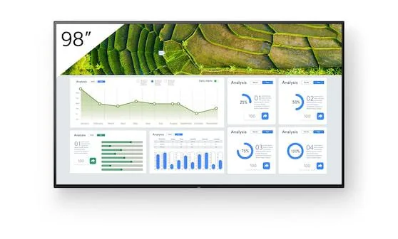 Monitor signage Sony BZ30L, 98", 440nit, 24/7, UHD, panel VA, D-LED, 15.9ms, contrast static 6000:1, contrast dinamic 300000:1, mătuire 2%, Android 10, stocare 16GB. Miracast, Chromecast built-in, AirPlay, Apple HomeKit, Google Play Store. Conectivitate: