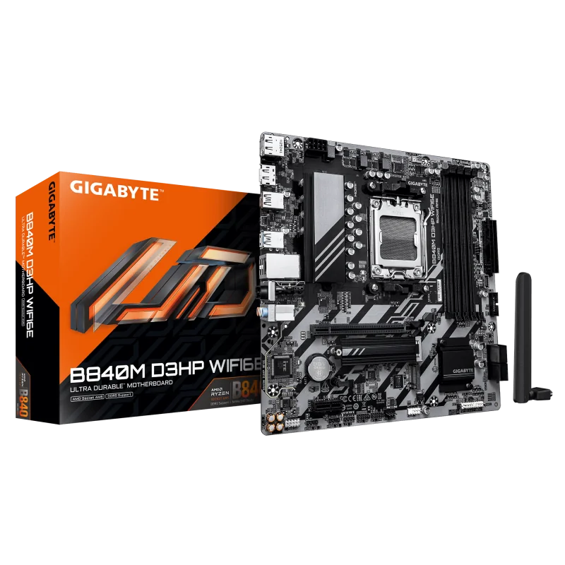 GIGABYTE B840M D3HP WIFI6E. Processor manufacturer: AMD, Processor socket: Socket AM5, Compatible processor series: AMD Ryzen 7000 Series, AMD Ryzen 8000 Series, AMD Ryzen 9000 Series. Supported memory types: DDR5-SDRAM, Maximum internal memory: 256 GB,