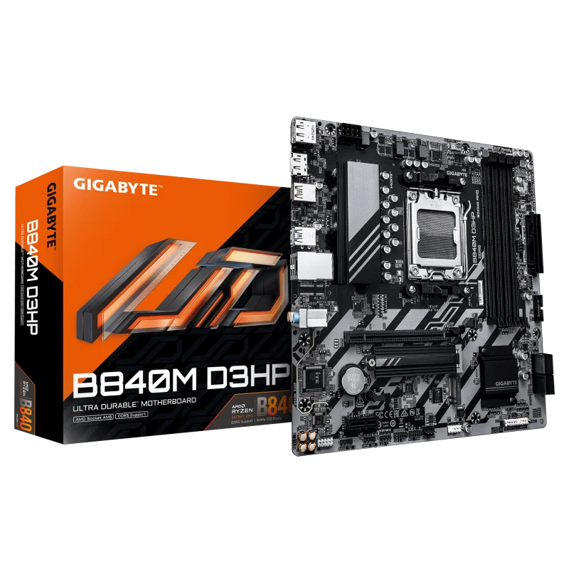 GIGABYTE B840M D3HP. Processor manufacturer: AMD, Processor socket: Socket AM5, Compatible processor series: AMD Ryzen 7000 Series, AMD Ryzen 8000 Series, AMD Ryzen 9000 Series. Supported memory types: DDR5-SDRAM, Maximum internal memory: 256 GB, Memory