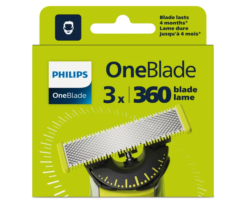 Rezerva OneBlade 360, QP430/50, otel inoxidabil, umed si uscat, kit 3 lame, compatibil cu Philips OneBlade si OneBladePro, Verde