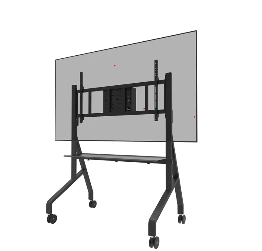 Stand podea mobil/fix Neomounts FL50-575BL1; pentru display-uri cu diagonale 65"-110", sistem de prindere VESA 100x100~1100x600, greutate maxima suportata 125kg, fix, inaltime reglabila manual 1290-1360mm (4 presetari); polita AV max load 10kg, rack AV,