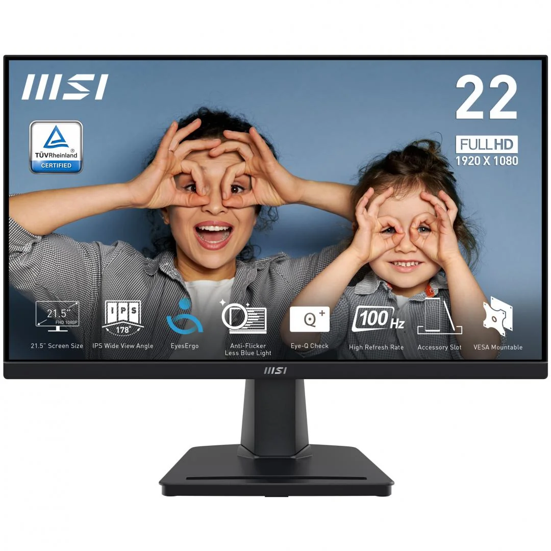 Monitor MSI 21.5" PRO MP225, Diagonal (inch): 21.5, Diagonal (cm): 54.5, Aspect ratio: 16:9, Panel: IPS, Resolution: 1920x1080, Refresh Rate: 100Hz, Response time GtG: 4ms, Response time MPRT: 1ms, Brightness (max): 250 cd/㎡, Contrast (static) : 1300:1,
