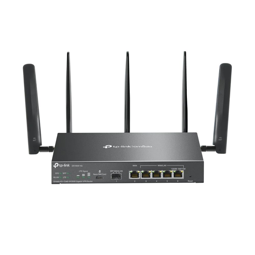 "Omada 4G+ Cat6 AX3000 Gigabit VPN Router PORT: 1× Gigabit SFP WAN/LAN Port, 1× Gigabit RJ45 WAN Port, 4× Gigabit WAN/LAN RJ45 Ports, 1 Nano SIM slot (4G+ Cat6) SPEED: 574Mbps at 2.4 GHz + 2402 Mbps at 5 GHz (HE160) Wi-Fi Speed, 300 Mbps Download LTE