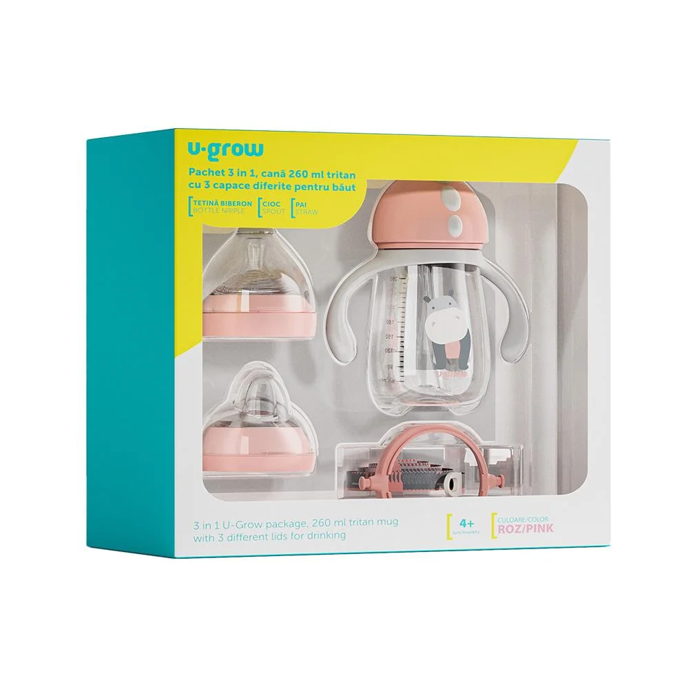 Pachet 3 in 1 cana 260 ml tritan cu 3 accesorii diferite pentru baut : tetina biberon, cioc , pai, dark pink, U-Grow