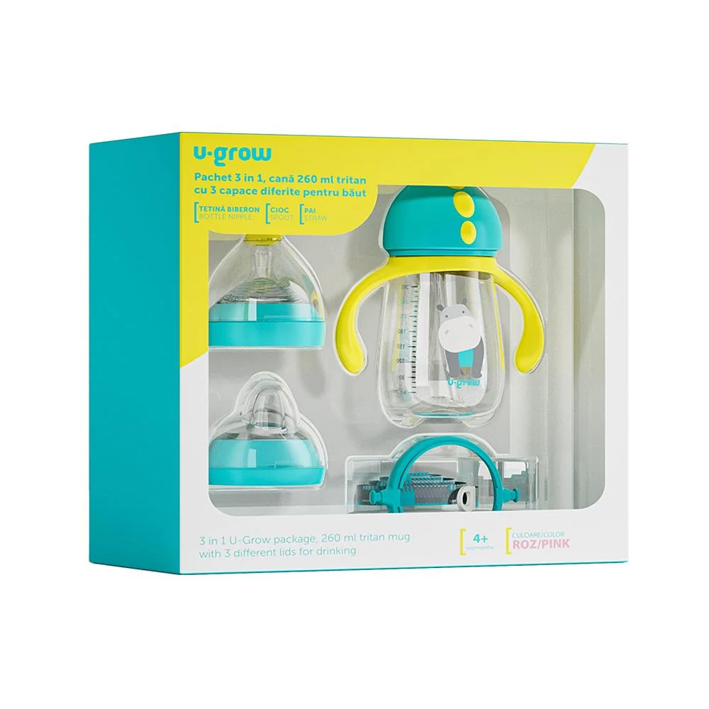 Pachet 3 in 1 cana 260 ml tritan cu 3 accesorii diferite pentru baut : tetina biberon, cioc , pai, blue, U-Grow