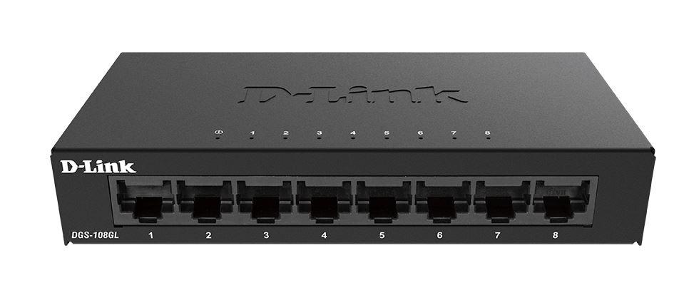 D-Link Switch DGS-108GL, 8 porturi Gigabit, Capacity 16Gbps, desktop, faramanagement, metal, negru, fara ventilator, D-link G