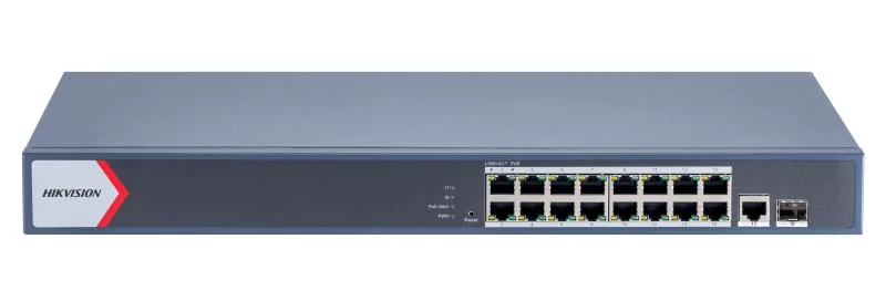 Switch 16 porturi POE Gigabit, Hikvision DS-3E1518P-EI(V2), Web management, 16 × gigabit PoE ports( PoE output power management), and 2 × gigabit fiber optical ports, IEEE 802.3at/af standard for PoE ports, AF/AT camera can reach up to 300 m in extend