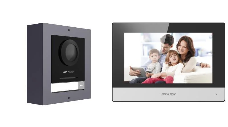 Kit videointercom IP Hikvision DS-KIS602(B), contine: DS-KD8003- IME1(B)/Surface × 1, DS-KH6320-WTE1 × 1, 4-port standard PoE switch × 1, 16 GB TF card × 1, caracteristici post exterior: 2MP HD camera, IR: 3m, WDR, microfon inclus, difuzor inclus, 1