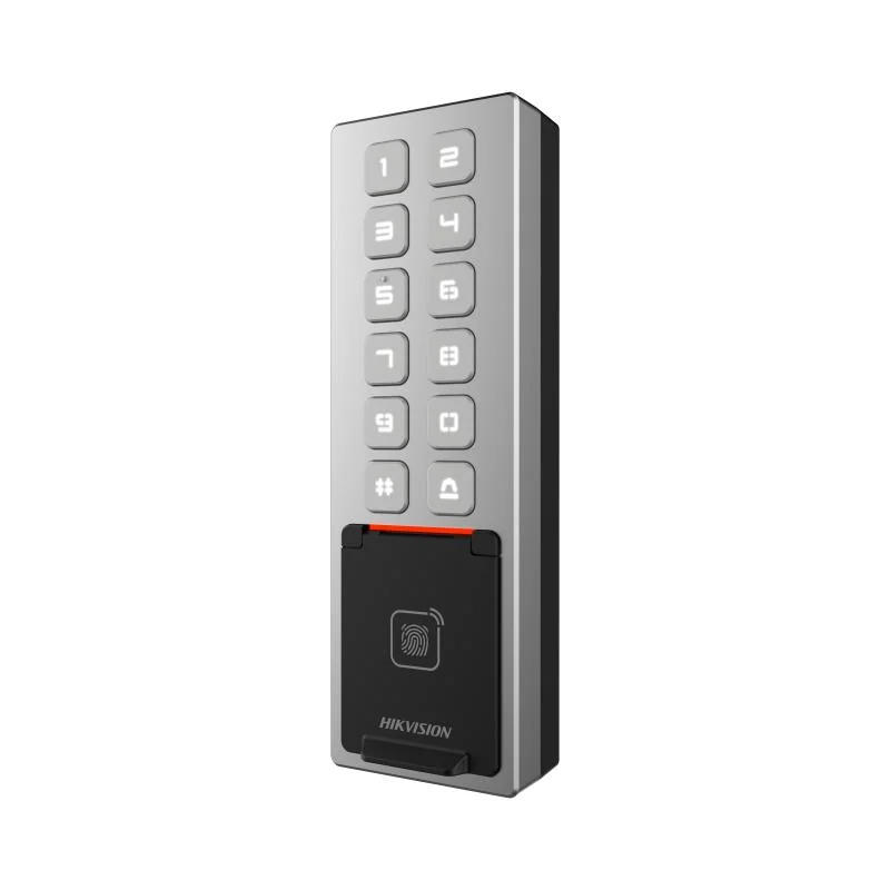 Cititor de proximitate cu tastatura Hikvision DS-K1T805MBFWX, M1 card, RS-485 and Wiegand (W26, W34), network interface, Wi-Fi, alimentare: 12 VDC/1 A, protectie: IP65, IK08, dimensiunii: 57.7 mm ร 177 mm ร 34.6 mm.