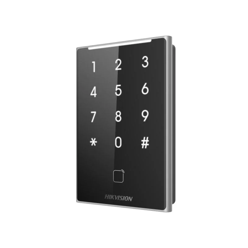 Cititor de proximitate cu tastatura Hikvision DS-K1109DKB, DESfire card, Felica card and M1 card, RS-485 and Wiegand (W26, W34), alimentare: 12 VDC, protectie: IP65, dimensiunii: 125 mm Ć 84.5 mm Ć 18 mm, montare aparenta.