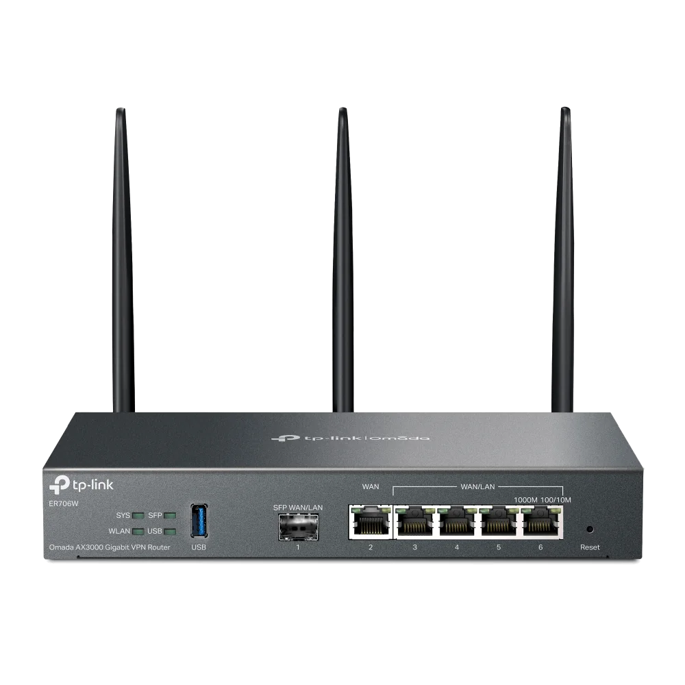 "Omada AX3000 Wi-Fi 6 Gigabit VPN Router PORT: 1× Gigabit SFP WAN/LAN Port, 1× Gigabit RJ45 WAN Port, 4× Gigabit WAN/LAN RJ45 Ports, 1× USB 3.0 SPEED: 574Mbps at 2.4 GHz + 2402 Mbps at 5 GHz (HE160) FEATURE: Integration with Omada SDN Controller, Support