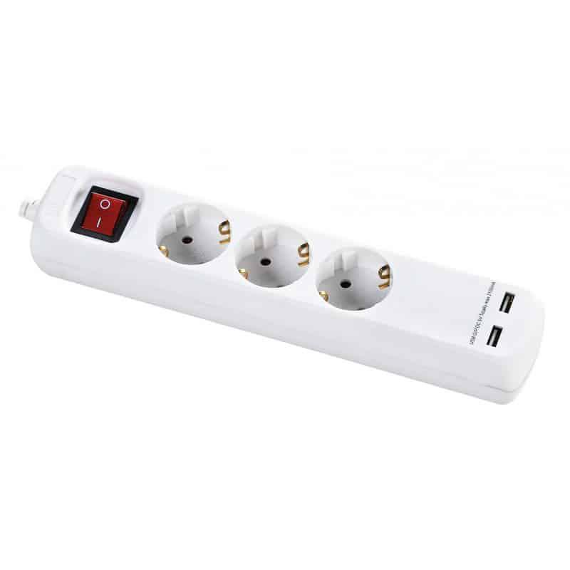 Prelungitor cu 3 prize CEE7/3 cu protectie copii, cu intrerupator,cu 2xUSB cablu: H05VV-F 3G1,5mm, alb lungime:3m ambalat in