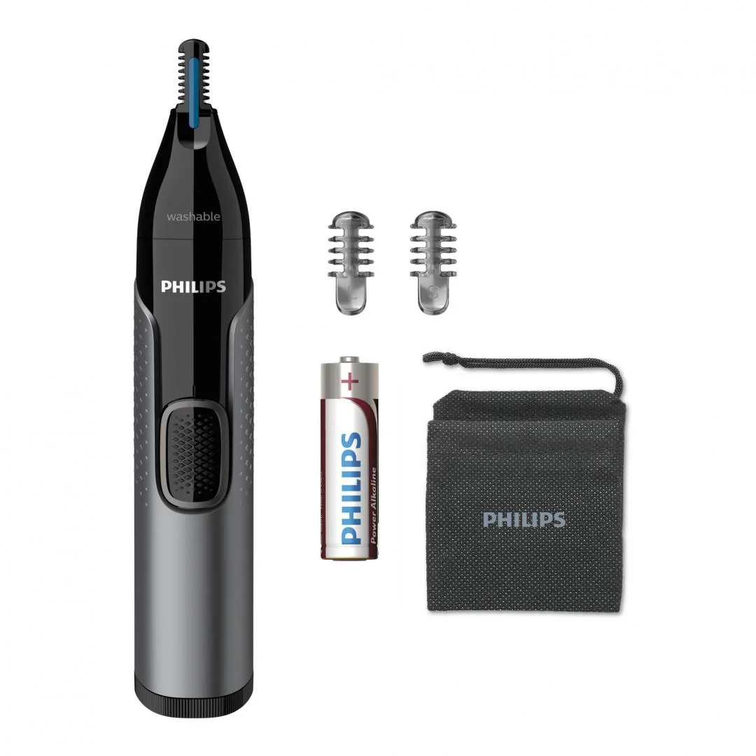 Trimmer pentru nas si urechi PHILIPS NT3650/16, Baterie, Lavabil, Tehnologie Precision Trim, Otel inoxidabil, Pieptene pentru sprancene, Pieptene 5 mm, Gri, L x A x I (mm) 39x83x190 Philips