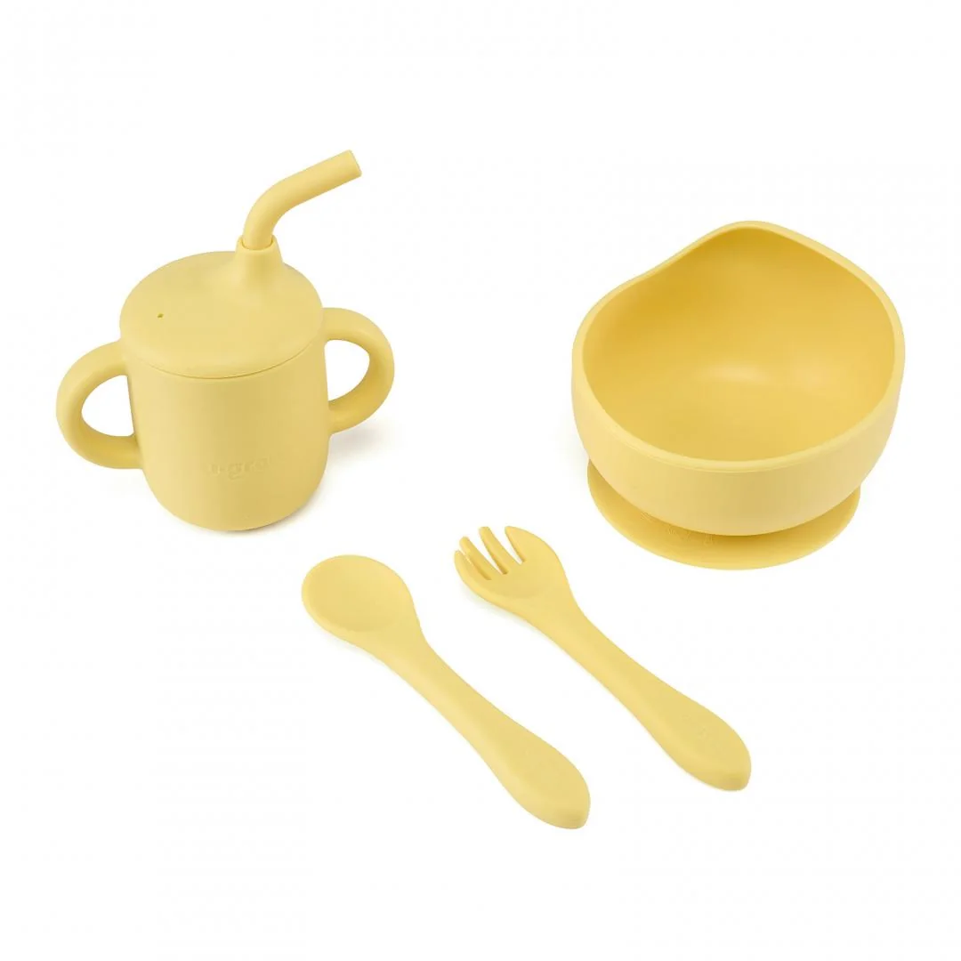 Set 4 piese diversificare din silicon: Cana cu pai, bol , lingurita si furculita, galben, U-Grow U-Grow