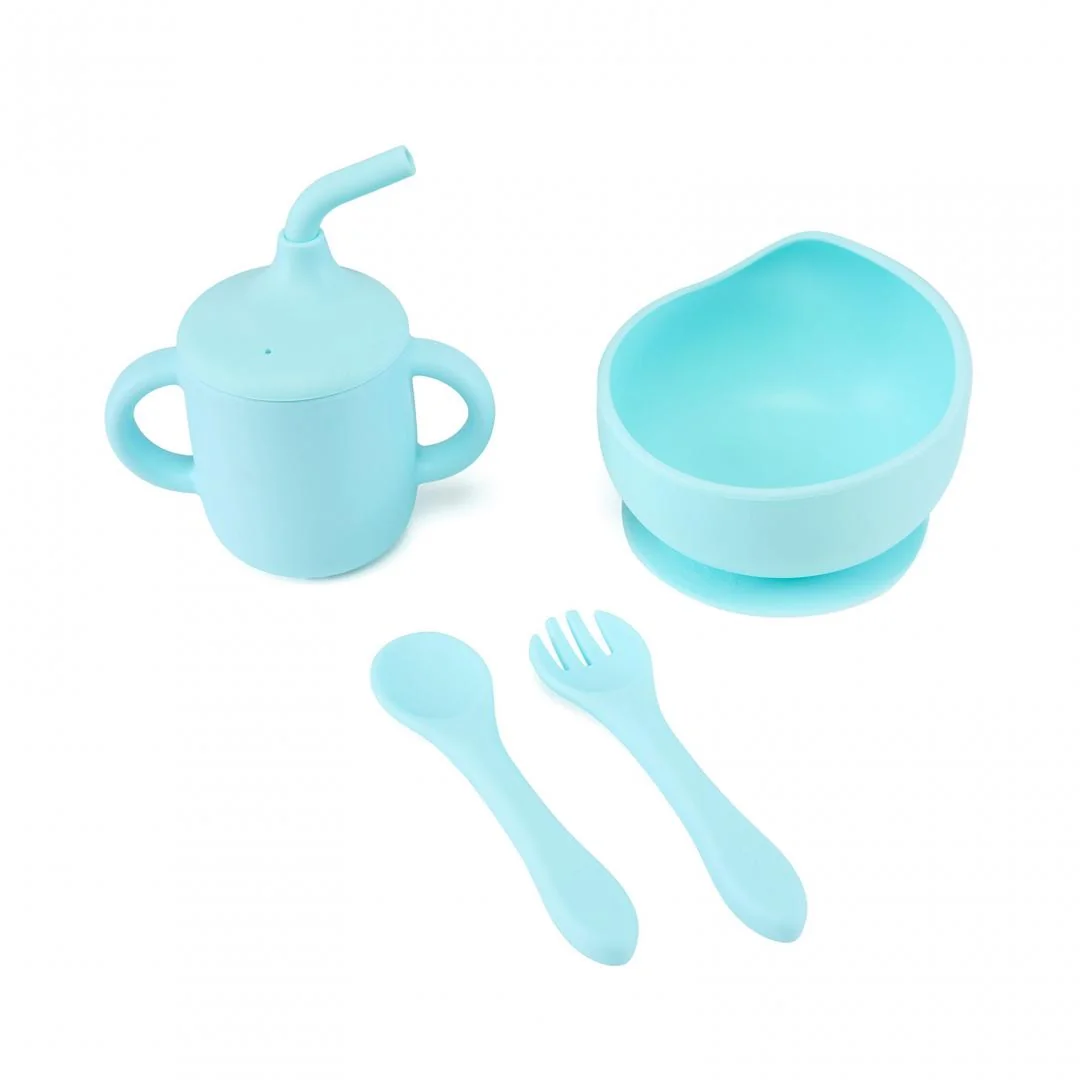 Set 4 piese diversificare din silicon: Cana cu pai, bol , lingurita si furculita, blue, U-Grow U-Grow