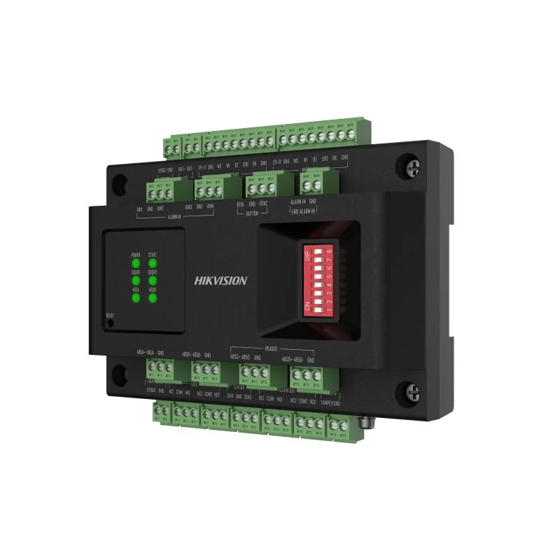 Door control modul Hikvision DS-K2M002X:  -Supports 2 door control. It can connect with access controller via RS-485 -Connects with card reader via RS-485 (OSDP) or Wiegand -Installs with guide rail -Supports battery charging and discharging -Supports