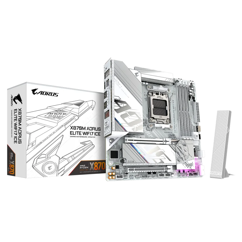 GIGABYTE X870M AORUS ELITE WIFI7 ICE. Processor manufacturer: AMD, Processor socket: Socket AM5, Compatible processor series: AMD Ryzen 7000 Series, AMD Ryzen 8000 Series, AMD Ryzen 9000 Series. Supported memory types: DDR5-SDRAM, Maximum internal