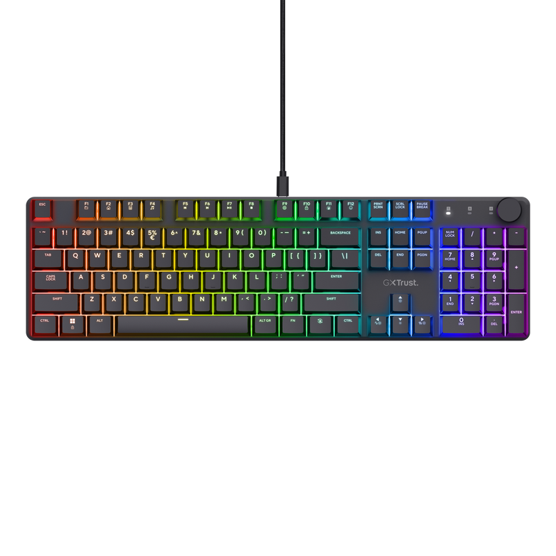 Tastatura mecanica Trust GXT 866 Torix cu fir, swtich linear, 104 butoane, full RGB, butoane programabile, tipuri de jocuri F