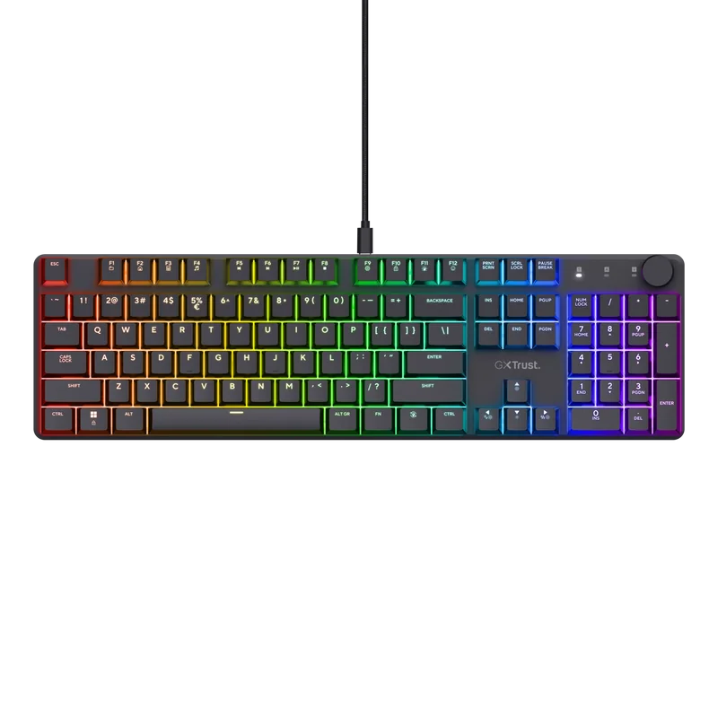 Tastatura mecanica Trust GXT 866 Torix cu fir, swtich linear, 104 butoane, full RGB, butoane programabile, tipuri de jocuri FPS, MMO, MOBA, RPG, RTS, negru