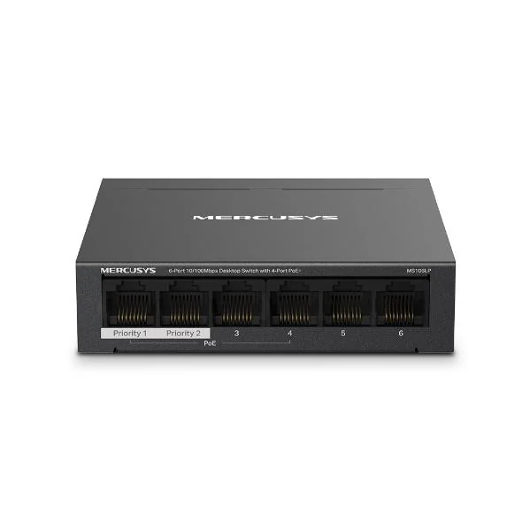 Mercusys Desktop Switch MS106LP 6 porturi 10/100Mbps, Standarde si protocoale  IEEE 802.3x Flow Control, 4 porturi POE, buget POE 40W, dimensiuni: 99.8*98*25mm.