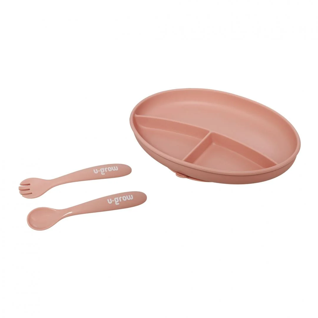 Set farfurie cu lingurita si furculita silicon, roz , U-Grow U-Grow