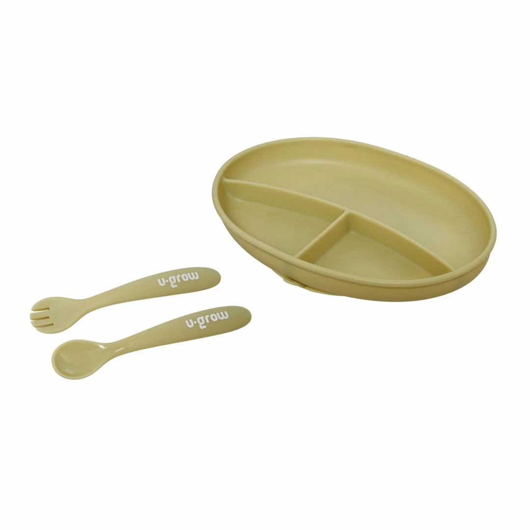 Set farfurie cu lingurita si furculita silicon, olive,U-Grow U-Grow