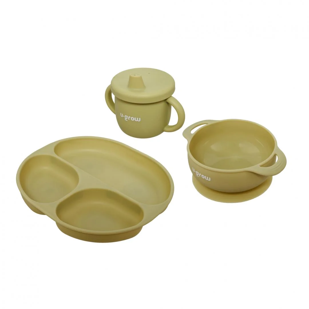 Set diversificare 3 piese silicon : bol , farfurie si cana cu cioc, olive, U-Grow U-Grow