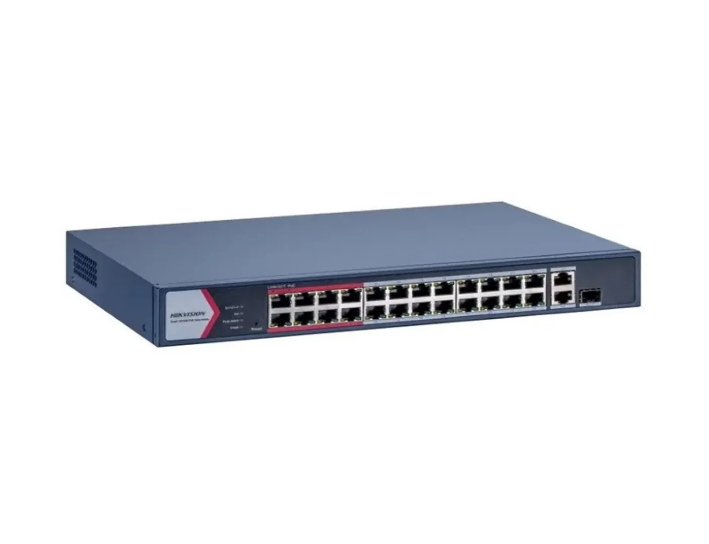 Switch PoE Hikvision DS-3E1326P-EI/M: 24 × 10/100 Mbps PoE port,1 × Gigabit combo,1 × Gigabit RJ45 port, 24 porturi PoE maxim 30W, buget PoE 230W, tensiune alimentara: 100-240 VAC, 50/60 Hz, Max. 4 A, dimensiuni: 335.00 mm × 44.50 mm × 226.00 mm,