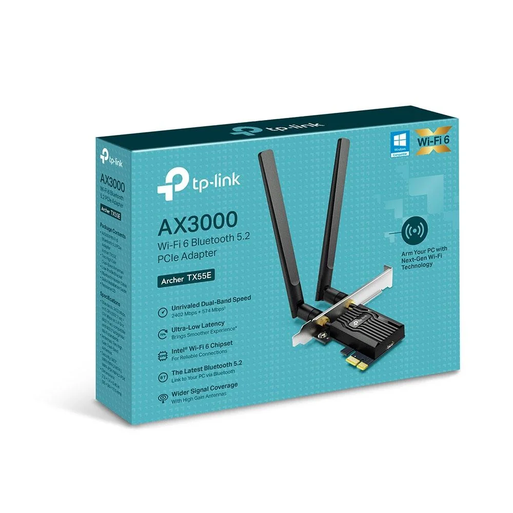 TP-Link Adaptor PCle Wi-Fi 6 AX3000 WI-FI 6 cu Bluetooth 5.2 ARCHER TX55E, 2Γ Antene Dual-Band High-Gain, Standarde wireless: IEEE 802.11ax/ac/n/a 5 GHz IEEE 802.11ax/n/g/b 2.4 GHz, Bluetooth 5.2/5.0/4.2/4.0, Viteza wireless: 5 GHz-Up to 2402 Mbps,