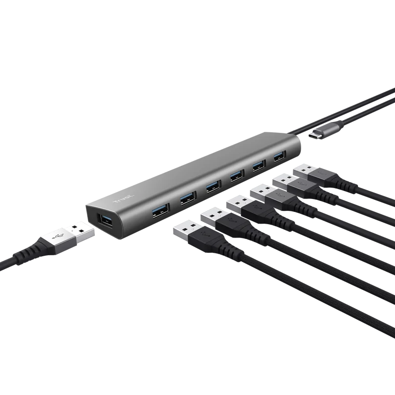 Hub Trust Halyx , 7 porturi USB 3.2 Gen 1, material aluminiu, input USB- C, output USB-A 7, gri