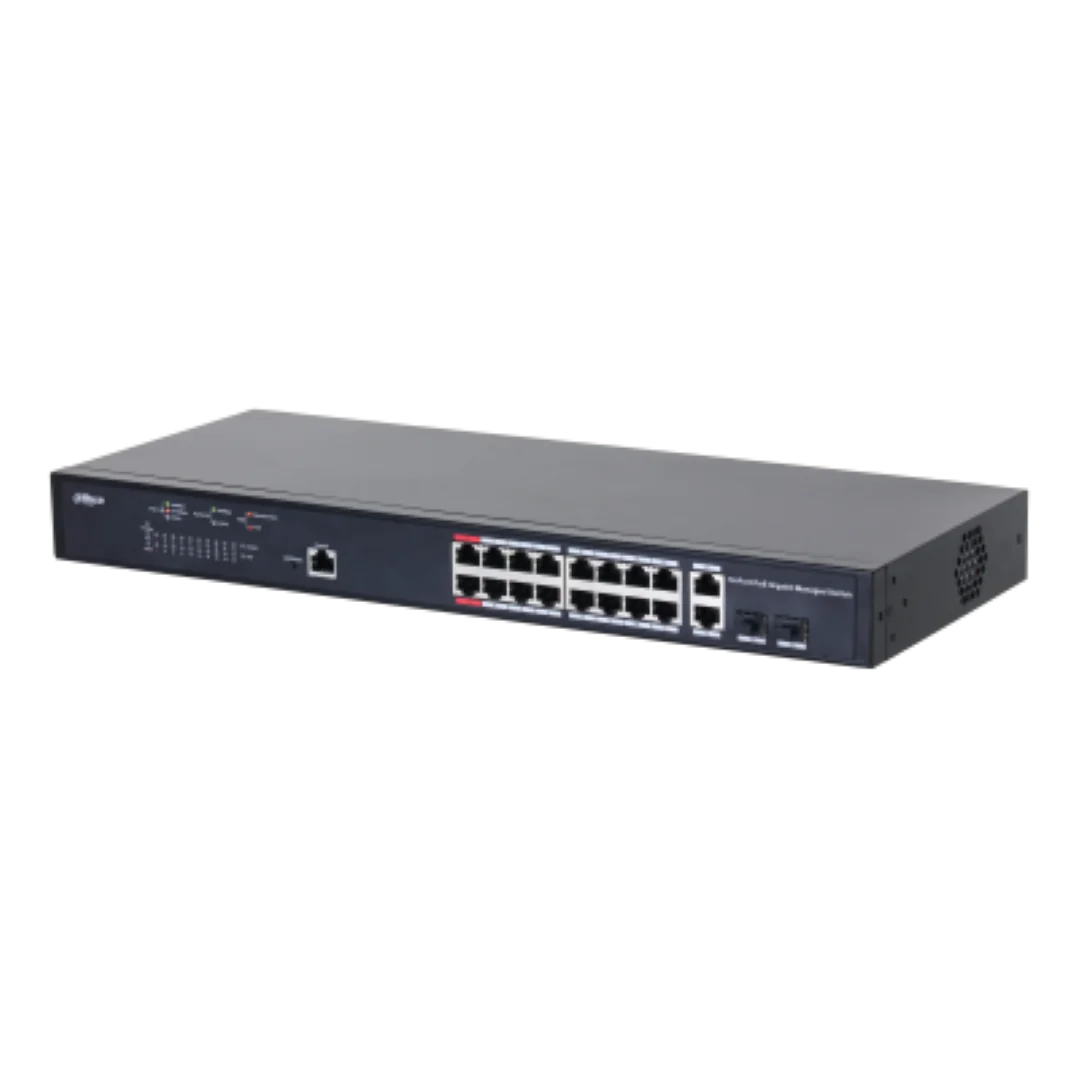 Dahua Managed Switch 18 porturi, 16 porturi POE, Gigabit, Port 1-16:16 × 10M/100M/1000MBase-T (PoE), Port 17-18:2 × 10M/100M/1000MBase-T (uplink) (combo), Port 17-18:2 × 1000M SFP (uplink)(combo), 1 × Console port, Managed L2, Capacitate switch: 56 Gbps,