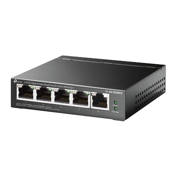 "5-Port Gigabit Easy Smart Switch with 4-Port PoE+ PORT: 4× Gigabit PoE+ Ports, 1× Gigabit Non-PoE Ports SPEC: 802.3af/at, 120 W PoE Power, Desktop Steel Case FEATURE: PoE Auto Recovery, MTU/Port/Tag-based VLAN, QoS, IGMP Snooping, Web/Utility