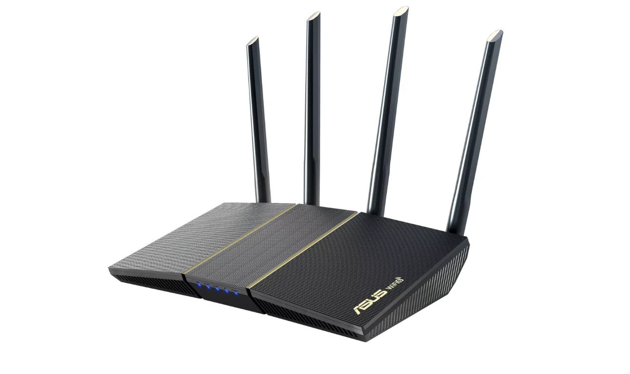 Asus Wireless Router RT-AX57, AX3000 2402 Mbps+ 574 Mbps, Dual-Band-2.4, 5Ghz, WI-FI 6, 4 x antene externe, Procesor: 1.7GHz quad-core, Memorie: 256 Mb RAM, 128Mb Flash, interfata: 1 x WAN, 4 x 10/100/1000, Dimensiuni: 230 x 134 x 56 mm, Greutate: 374g.