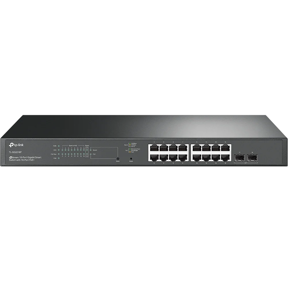 "JetStream™ 18-Port Gigabit Smart Switch with 16-Port PoE+ PORT: 16× Gigabit RJ45 Ports, 2× Gigabit SFP Slots SPEC: 802.3at/af, 150 W PoE Power, 1U 19-inch Rack-mountable Steel Case FEATURE: Integration with JetStream™ SDN Controller, Static Routing,