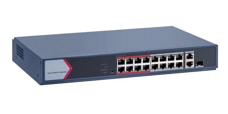 Switch PoE Hikvision DS-3E1318P-EI/M, 16 porturi 10/100Mbps PoE, 1 port Gigabit combo, 1 port Gigabit RJ45 Hikvision