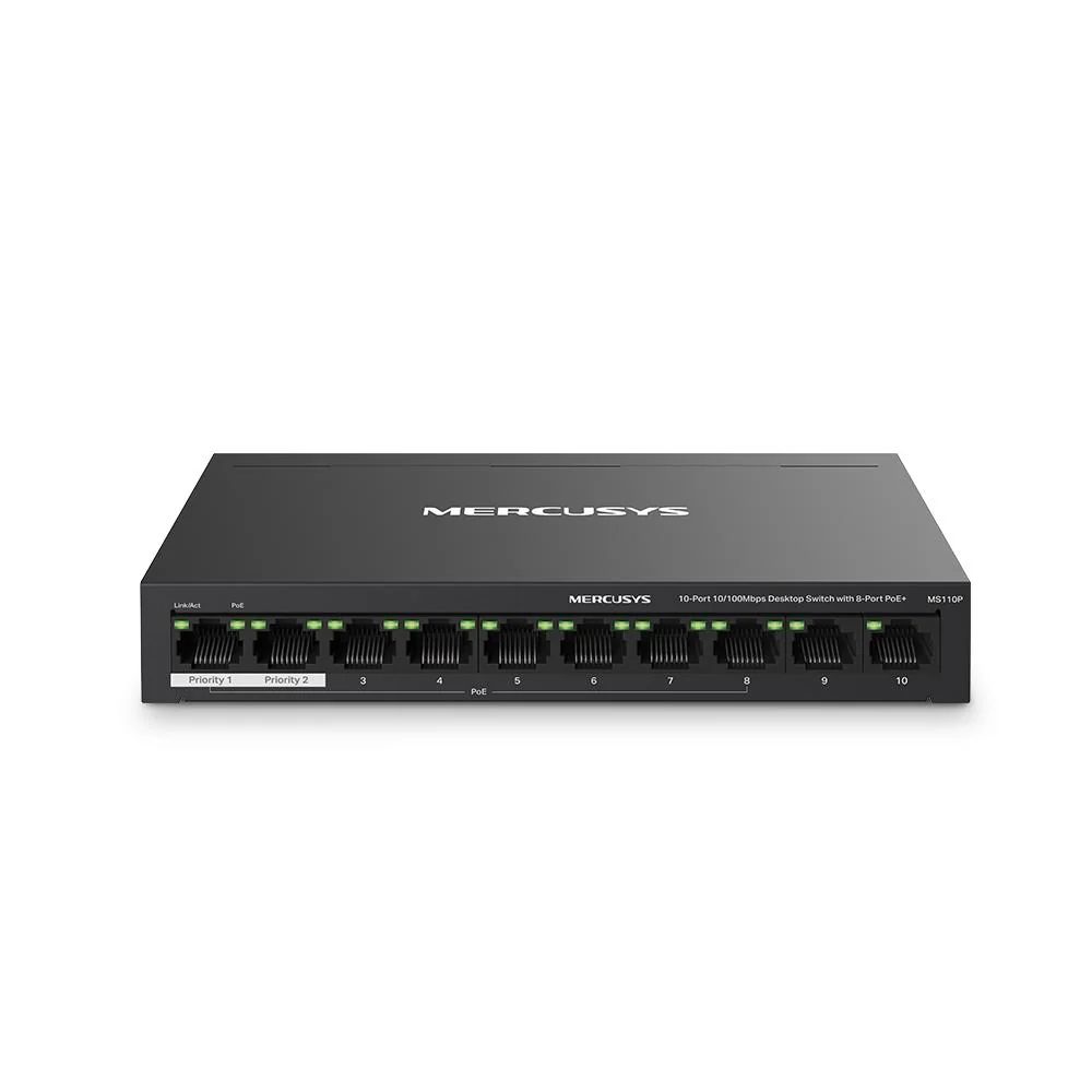 MERCUSYS DESKTOP SWITCH 10PORT MS110P POE, Interfata:  10× 10/100 Mbps, Standarde si protocoale:  IEEE 802.3x Flow Control, Dimensiuni:  171*98* 27 mm, Porturi POE: 1-8, Buget POE: 65W.