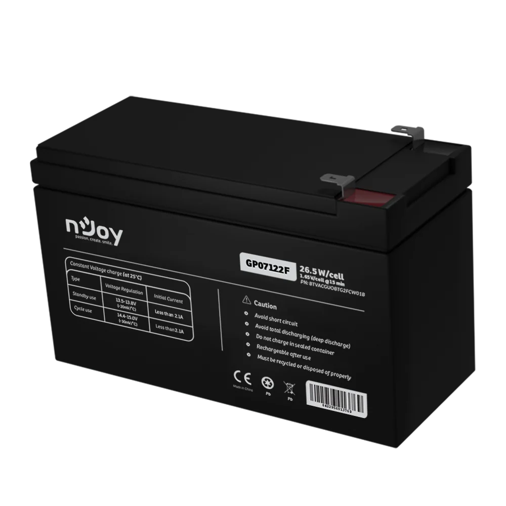 Acumulator nJoy GP07122F 12V 23.51W/cell  Battery Model GP07122F Voltage 12V Power (1,65V/cell@15 min) 23.51W/cell Type VRLA - maintanance free Designed Floating Life 3~5 years Nominal Operating Temp. Range 25o C ± 3o C Terminal F2 terminal -Faston Tab