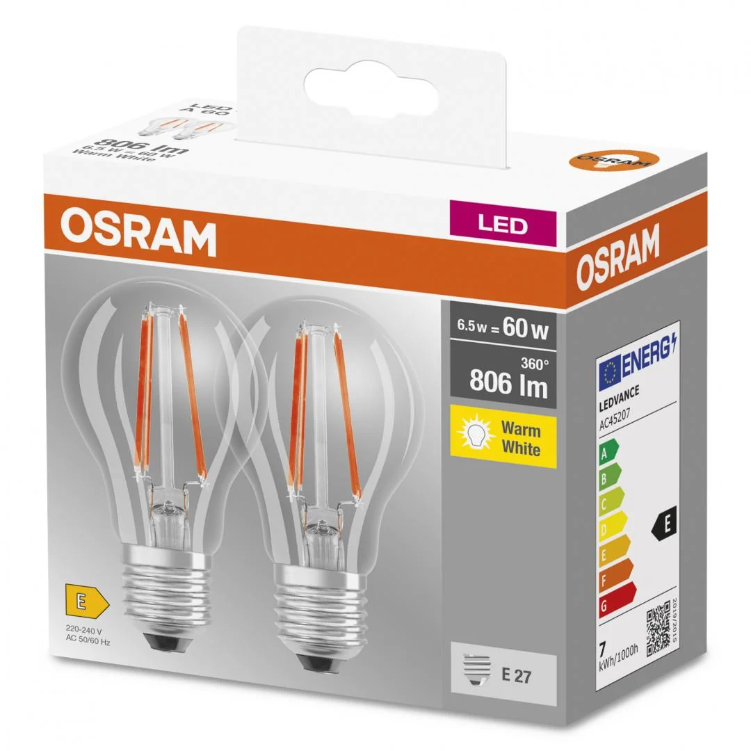 2 Becuri LED Osram Base Classic A, E27, 6.5W (60W), 806 lm, lumina calda(2700K), cu filament Osram