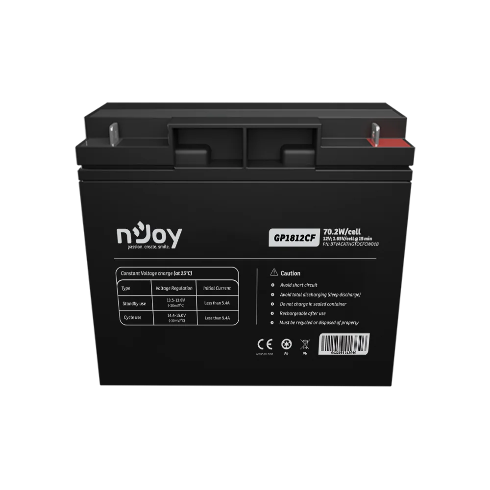 Acumulator NJOY GP1812CF 12V 181x77x167mm, Cycle use 14.4V- 15.0V max. current 5.4A, Float use 13.5V- 13.8V, Terminal T3 (M5), Power 70.2W/ cell