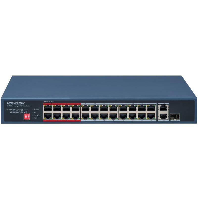 Switch Hikvision DS-3E0326P-E/M(C); 24 Port Fast Ethernet Unmanaged POE Switch Intelligent PoE Management When the power supp