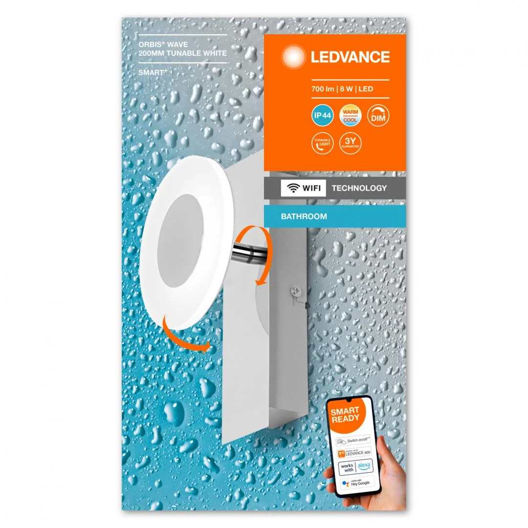 Aplica LED inteligenta pentru baie Ledvance SMART+ Wifi Orbis Wave 200, 8W, 700 lm, lumina alba (3000-6500K), IP44, 200x93x120mm, metal, Argintiu Ledvance