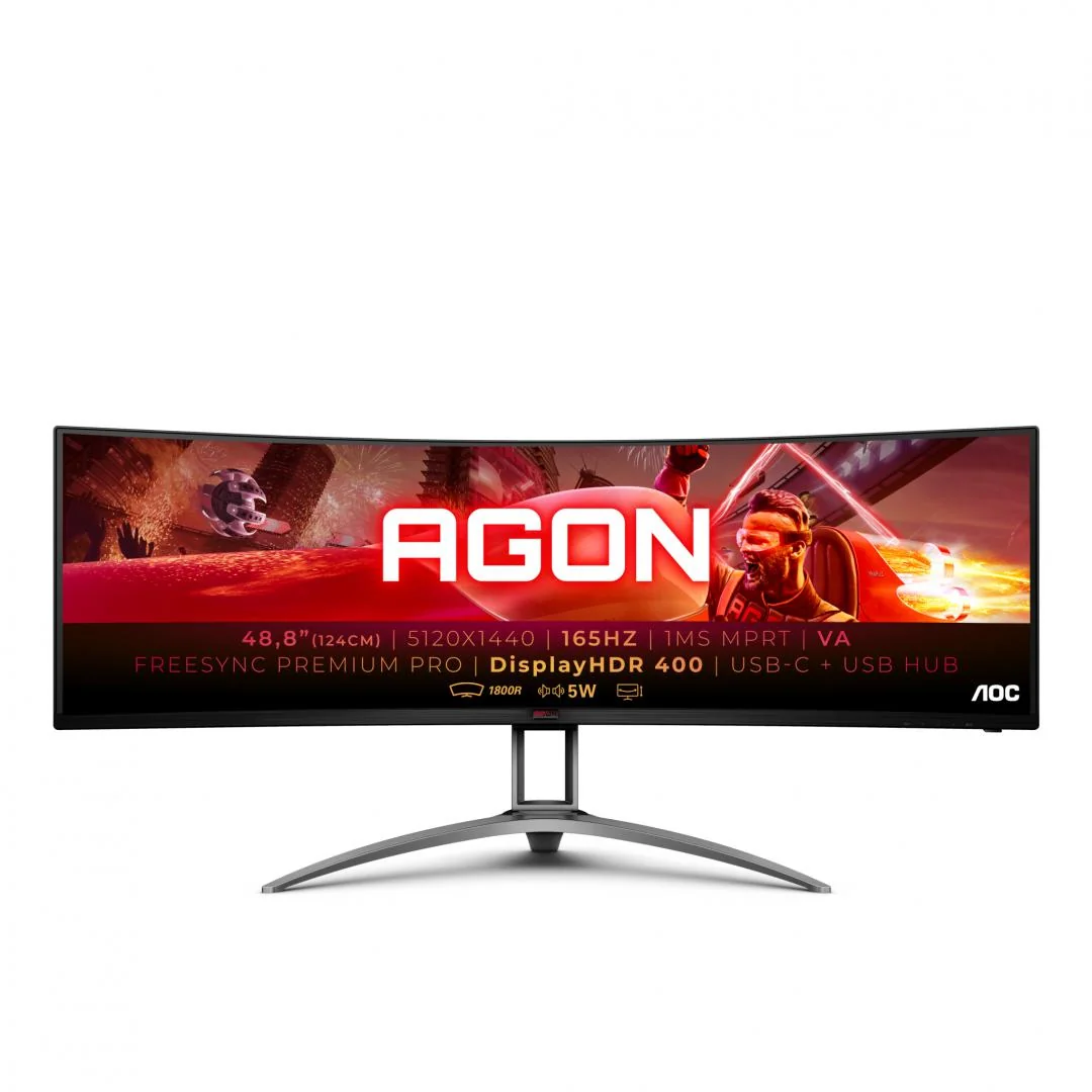 Monitor AOC 48.8" AG493UCX2, Curvature: 1800R, Diagonal (inch): 48.8, Diagonal (cm): 124, Aspect ratio: 32:9, Panel: VA, Resolution: 5120x1440, Refresh Rate: 165Hz, Response time GtG: 4ms, Response time MPRT: 1ms, Brightness (max): 400 cd/m², Contrast