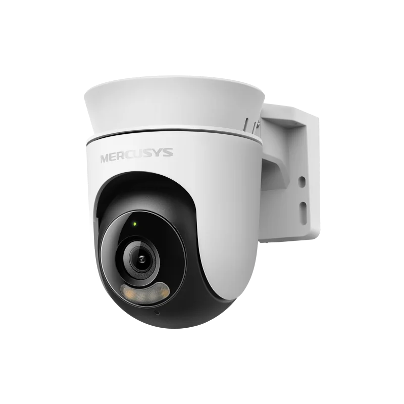 Outdoor Pan/Tilt Security Wi-Fi Camera SPEC: 2K resolution (2304*1296), Pan and Tilt (360° Horizontal), Built- in microphone and speaker, Color Night Vision, 2.4GHz Wi-Fi FEATURE: MERCUSYS APP, Pan/Tilt, Smart Detection and Notification (Motion &