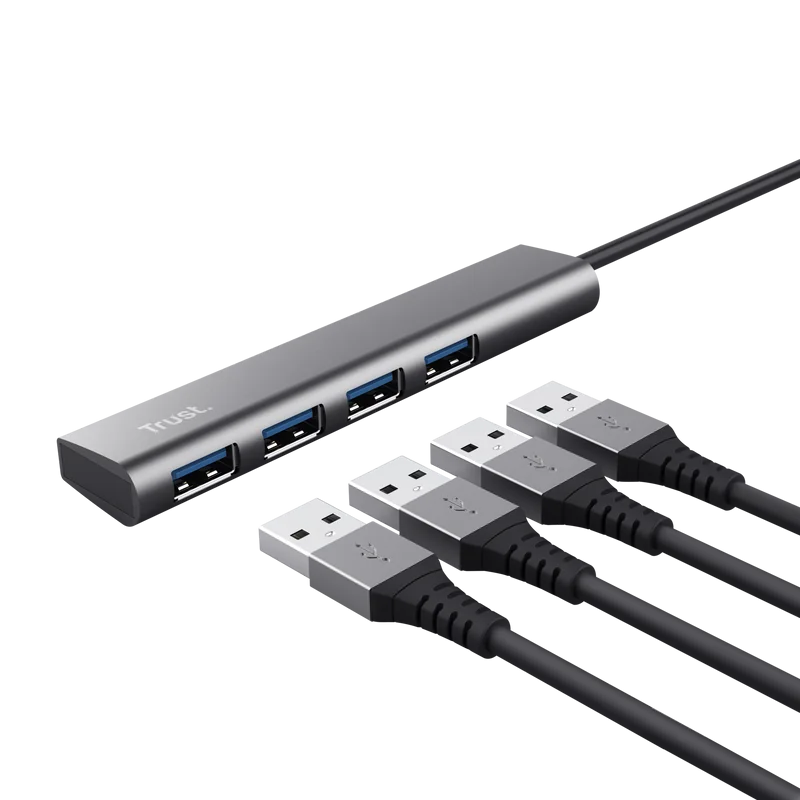 HUB USB Trust Halyx, USB-A la 4 x USB-A 3.2 Gen 1, dimensiune cablu 10cm, din aluminiu, argintiu