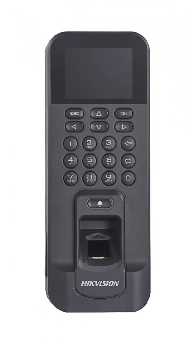 Controler de acces biometric stand alone Hikvision cu tastatura si cartele de proximitate MIFARE, DS-K1T804AMF; Capacitate de stocare: 3,000cartele, 3,000 amprente si 100,000 evenimente; Suporta functii de Access Control si  Time Attendance; display