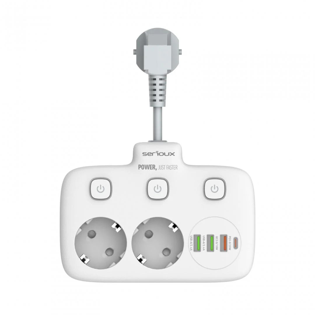 Prelungitor tip priza cu  protectie Serioux Quick Charge 3.0, parametri nominali: 2500W-10A(Max) 250V, Intrare: AC100-250V 10A 50/60HZ , Ieșire PD: 5V=3A 9V=2.22A 12V=1.67A 20W (MAX), Ieșire QC: 5V-3A 9V=2A 12V=1.5A 18W (MAX) , Ieșire Auto-ID: 5V-2.4A