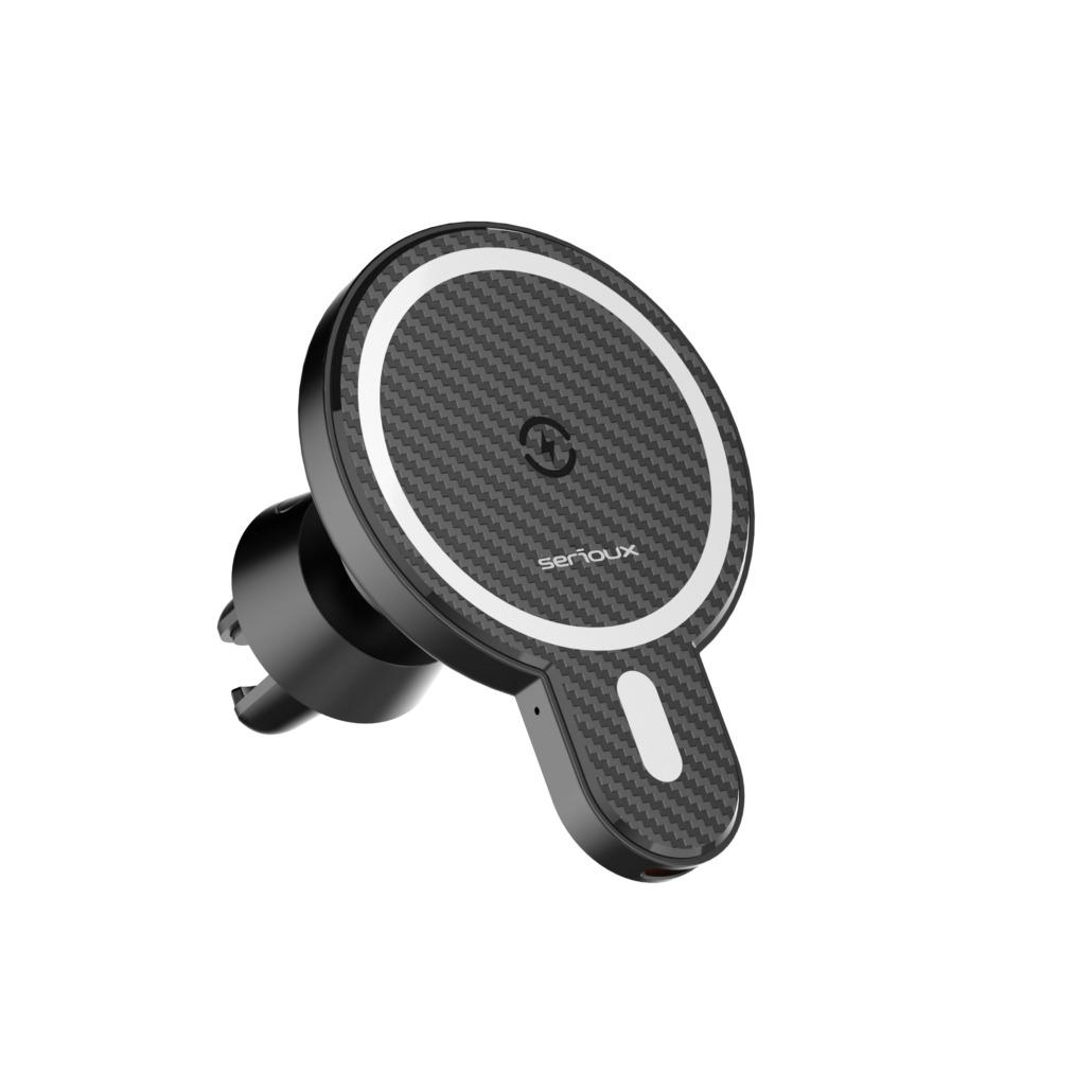 Suport Auto Telefon Serioux, cu incarcare Wireless 15W, compatibil MagSafe, prindere grila ventilatie, Intrare: 5V=2A 9V=2A,