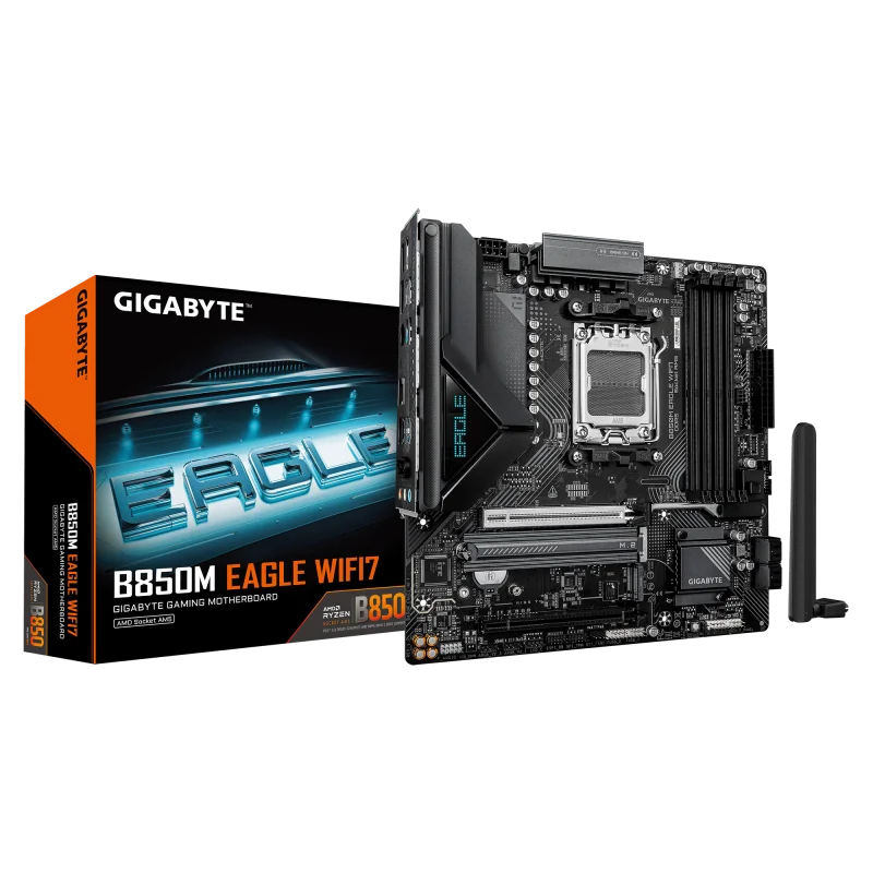 GIGABYTE B850M EAGLE WIFI7. Processor manufacturer: AMD, Processor socket: Socket AM5, Compatible processor series: AMD Ryzen 7000 Series, AMD Ryzen 8000 Series, AMD Ryzen 9000 Series. Supported memory types: DDR5-SDRAM, Maximum internal memory: 256 GB,