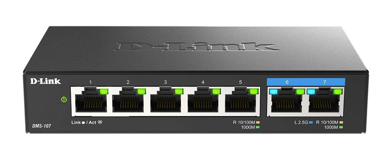 D-Link switch DMS-107, 7 porturi, Standarde si protocoale: IEEE 802.3 10BASE-T,  IEEE 802.3u 100BASE-TX,  IEEE 802.3ab 1000BASE-T,  IEEE 802.3bz 2.5GBASE-T5 porturi Gigabit, 2 porturi 2.5Gbps,  Capacitate 20 Gbps, fara ventilator, carcasa metal,